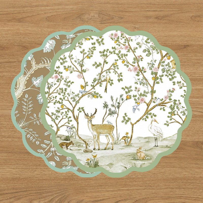 VIDA Forest Animals and Branches Reversible Placemats Set of 4 (Green & Brown)