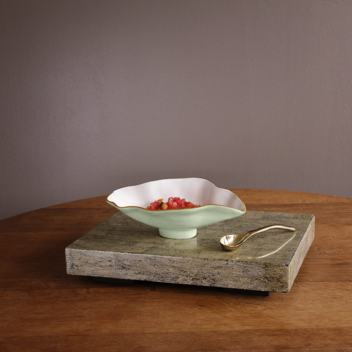 ENCANTO Claire Small Oval Bowl with Spoon (Pistachio, White and Gold)