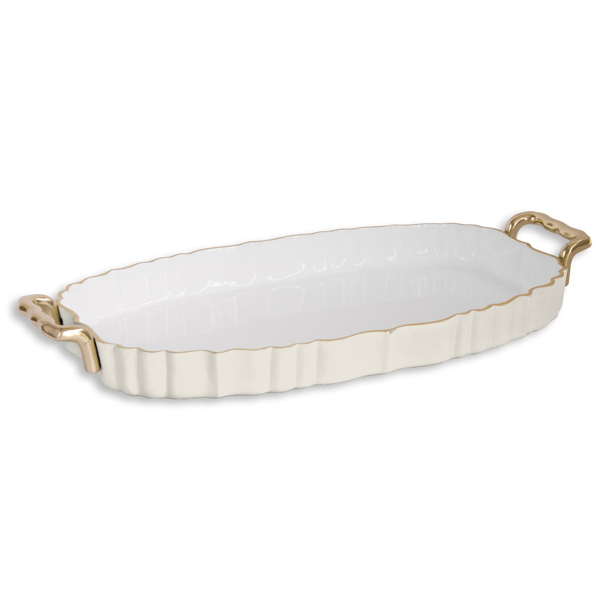ENCANTO Vintage Fluted Oval Tray with Handles Cream and White