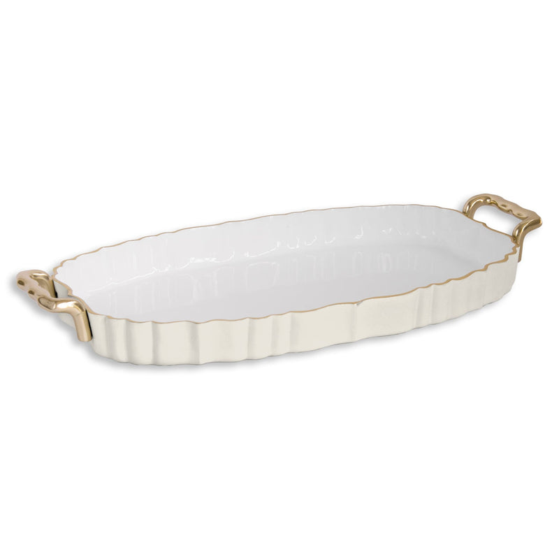 ENCANTO Vintage Fluted Oval Tray with Handles Cream and White