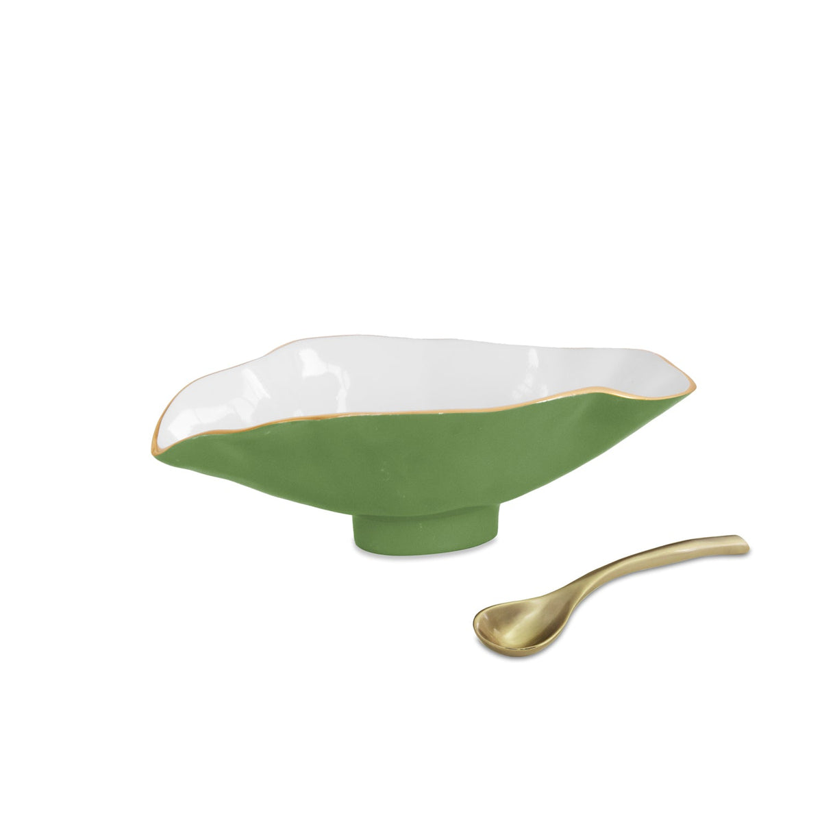 ENCANTO Claire Small Oval Bowl with Spoon  Leaf Green and White