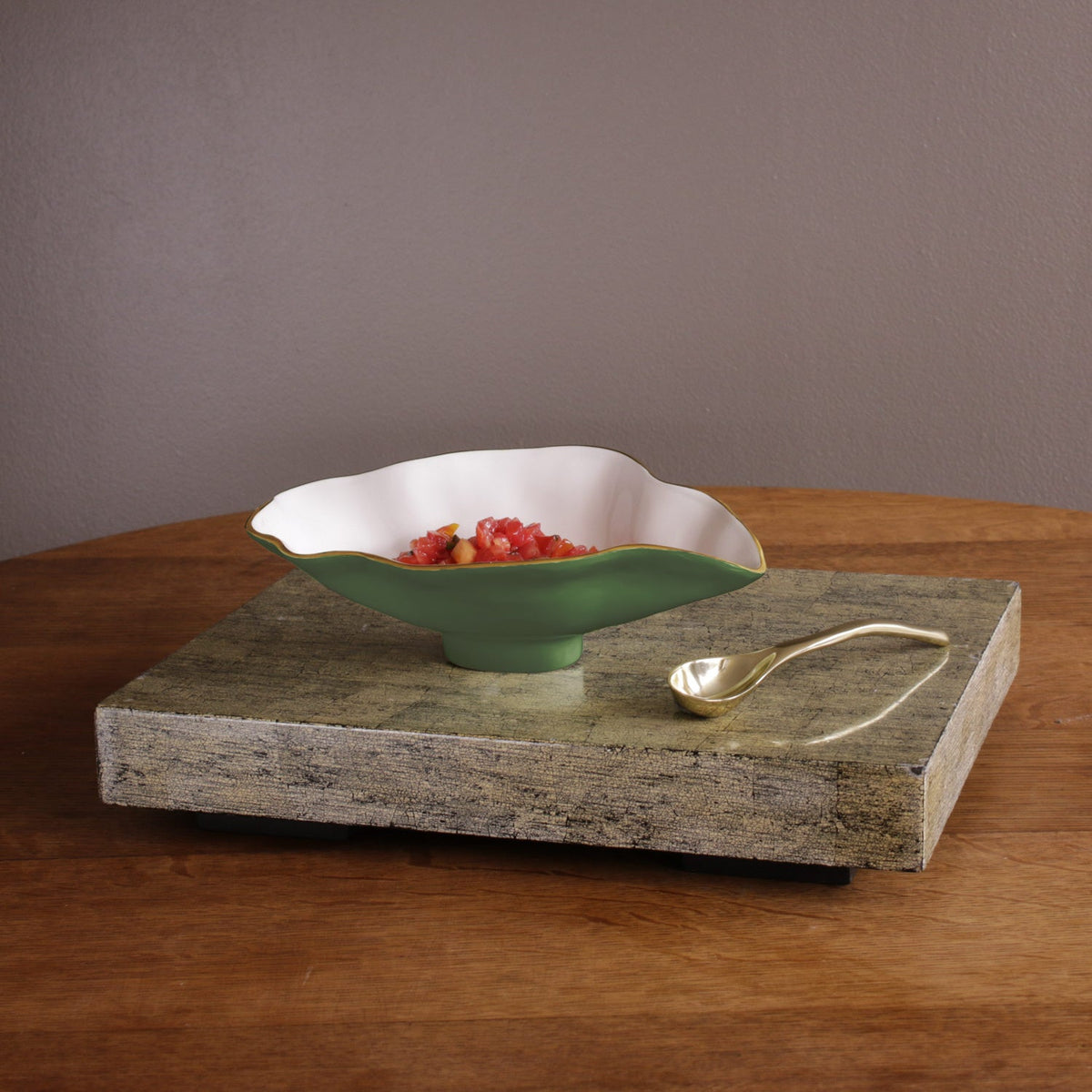 ENCANTO Claire Small Oval Bowl with Spoon  Leaf Green and White