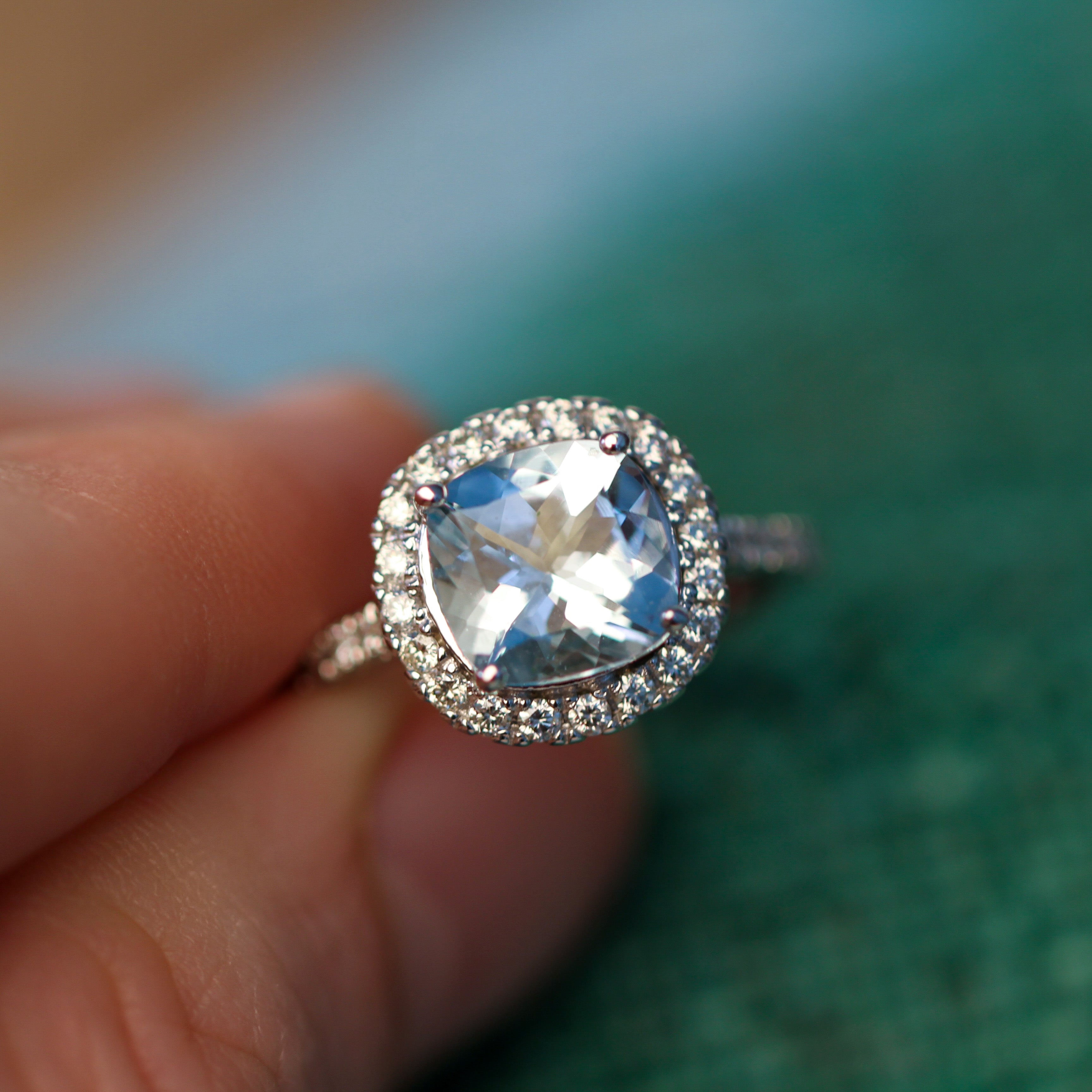 14K White Gold Cushion Cut Aquamarine Diamond Ring