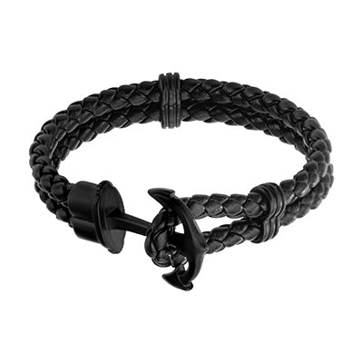 Double Black Braided Leather Anchor Bracelet