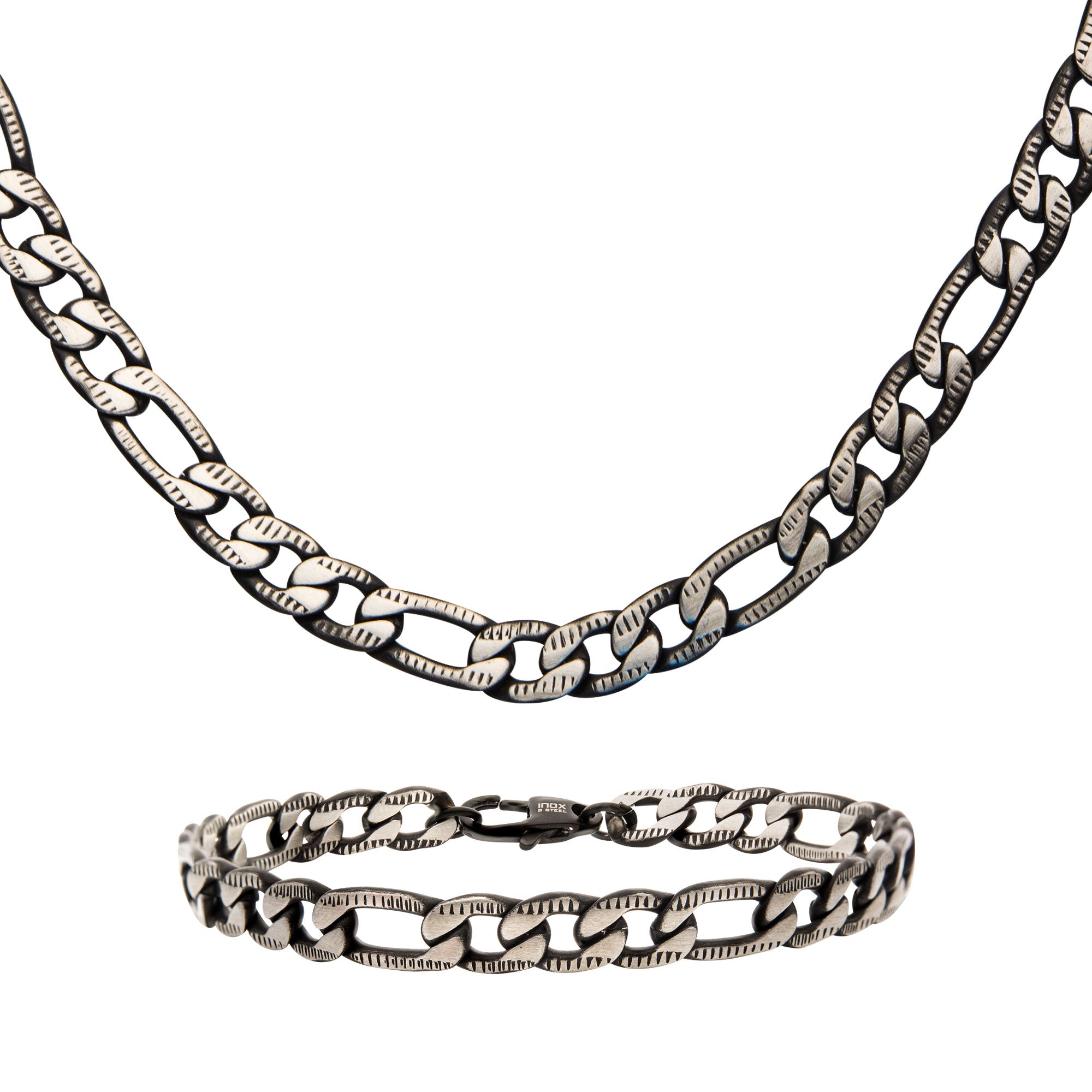 Steel Black IP Diamond Cut Figaro Chain Bracelet