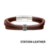 Steel Wrap Around Style Brown Leather Station Bracelet