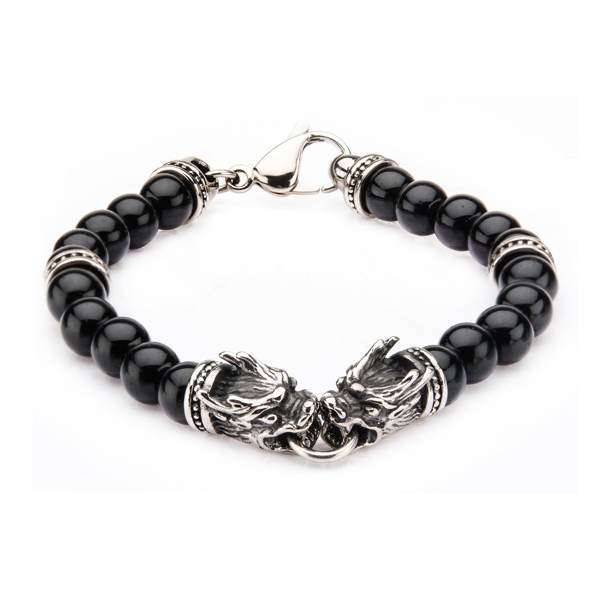 Steel Dragon Bite & Black Onyx Beads Bracelet
