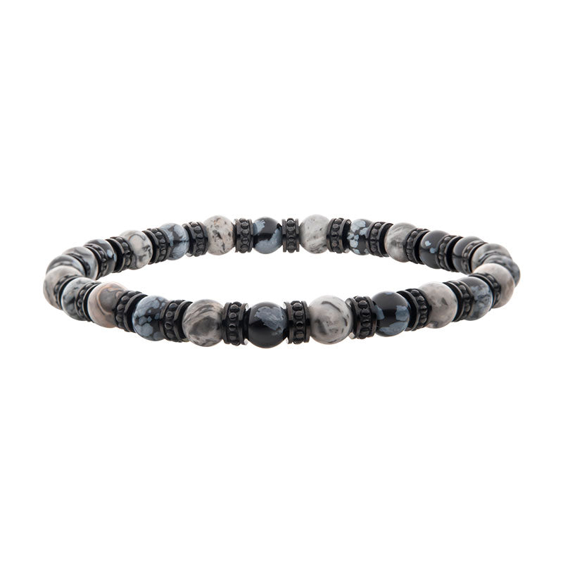 Black Steel Disk Grey Jasper & Snowflake Obsidian Bead Bracelet