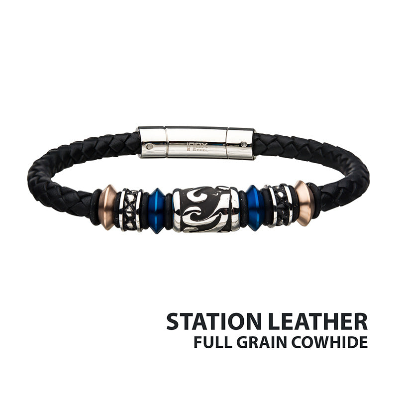 Black Braided Cowhide Leather Bead Bracelet