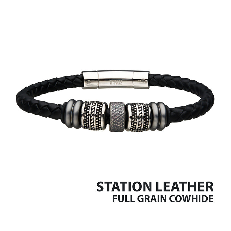 Black Braided Cowhide Leather Bead Bracelet