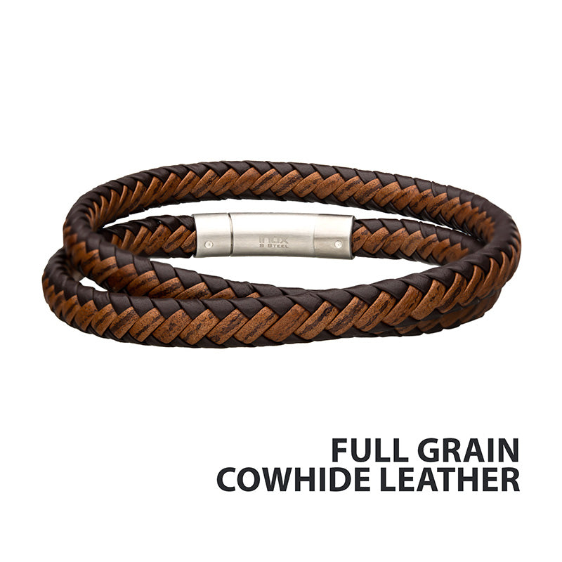 Dark & Light Brown Double Round Cowhide Leather Bracelet