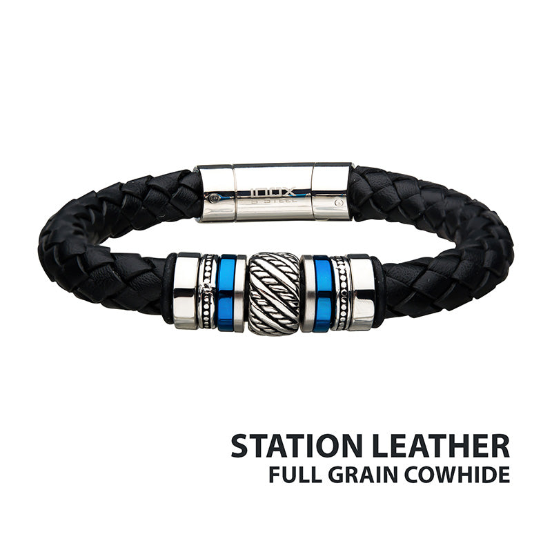 Black Braided Cowhide Leather Bead Bracelet