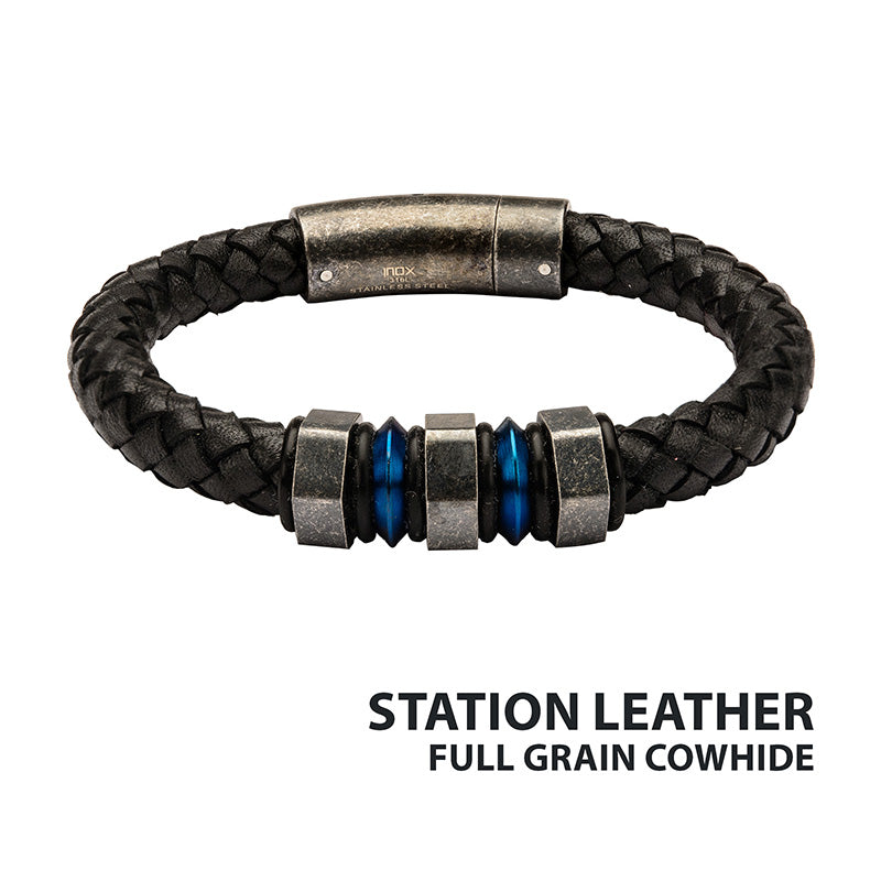 Black Braided Cowhide Leather Bead Bracelet