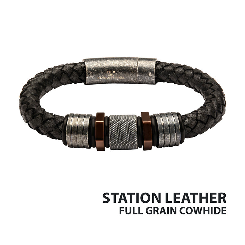 Black Braided Cowhide Leather Bead Bracelet