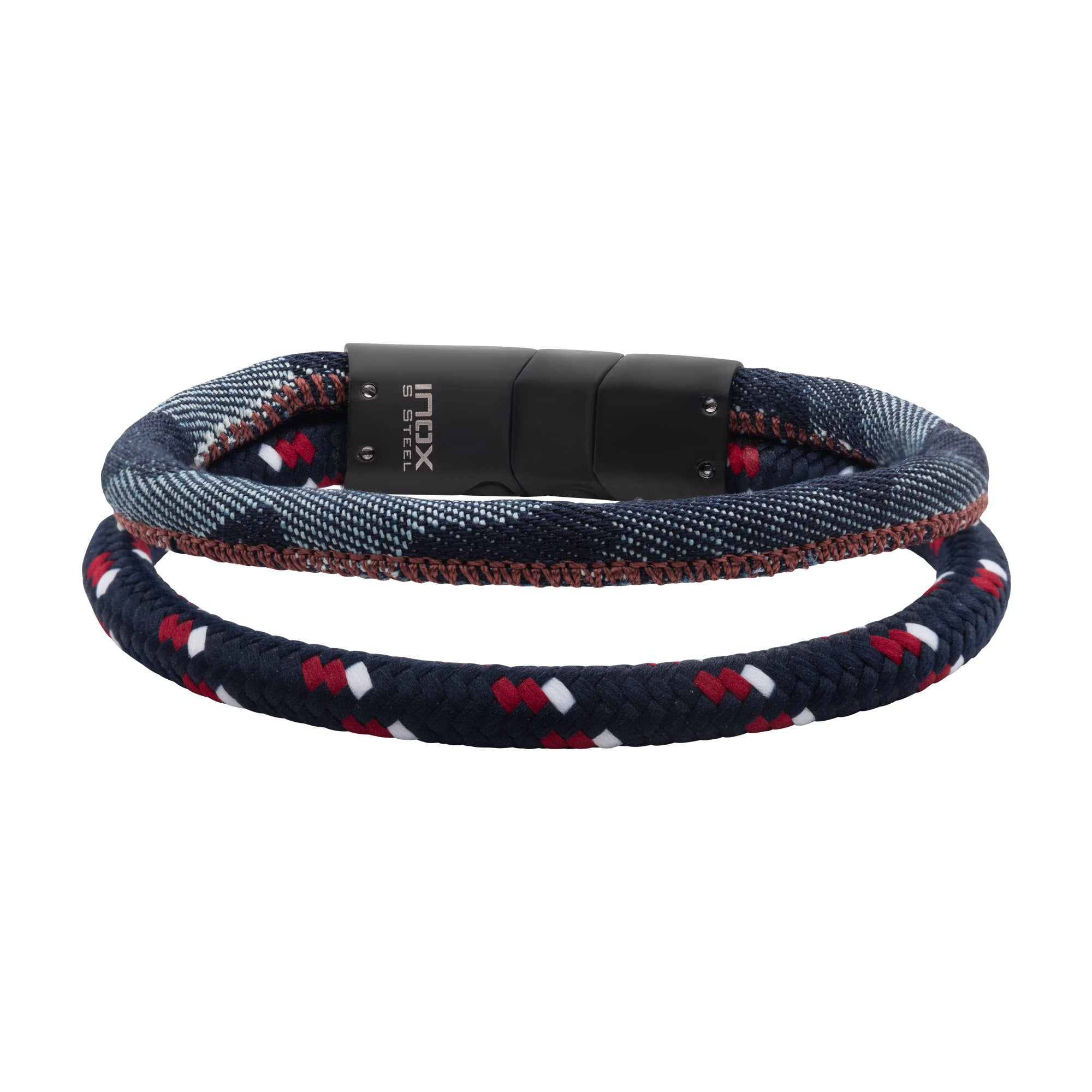 Blue & White & Red Nylon Cord & Denim Stacking Duo Bracelet