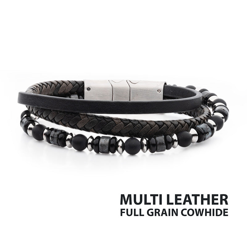 Black & Grey Cowhide Leather Multi-Strand Bracelet