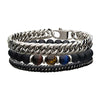 Black Braided Leather Stone Beads & Steel Curb Chain Stackable Bracelet