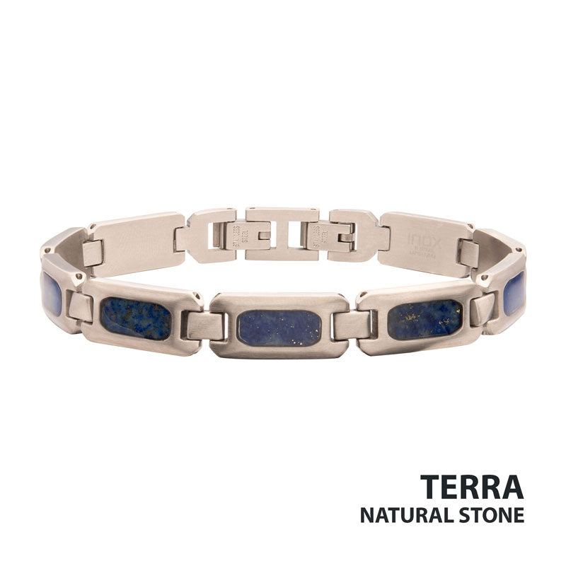 Matte Steel Lapis Lazuli Stone Inlay Sizeable Link Bracelet