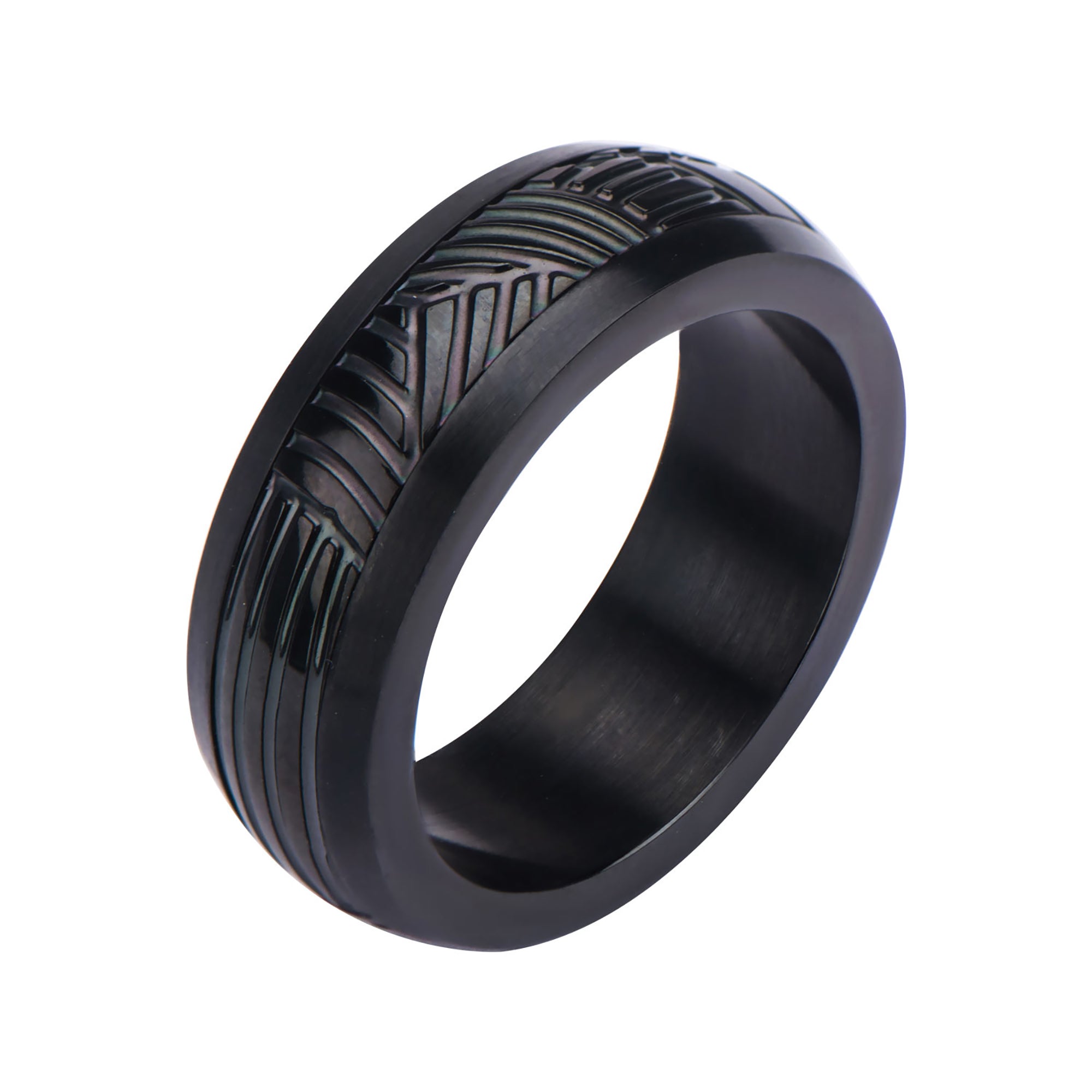 Steel Black IP Polished CNC Carving Ring
