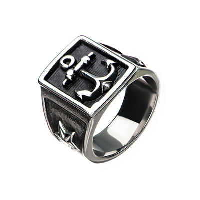 Steel & Black IP Oxidized Anchor Signet Ring