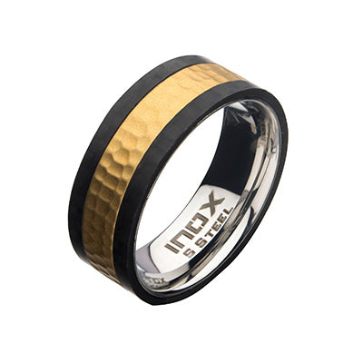 Steel & Carbon Fiber Gold IP Hammered Ring