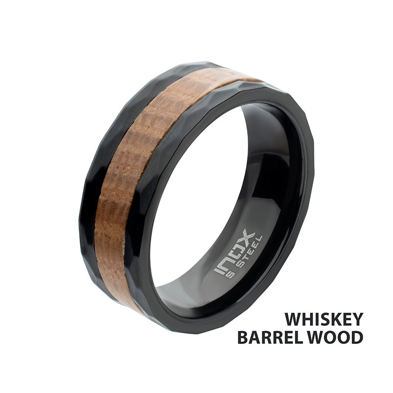 8mm Whiskey Barrel Wood Inlay Black IP Steel Comfort Fit Ring