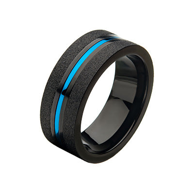Steel Black & Blue IP Brushed Ring