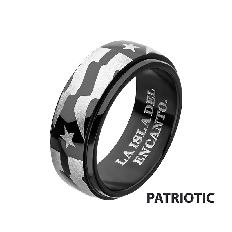Steel & Black IP Puerto Rico Flag Spinner Ring
