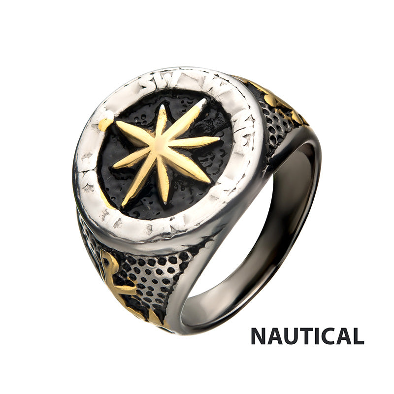 Steel Gold IP & Black Oxidized Vintage Anchor & Compass Signet Ring