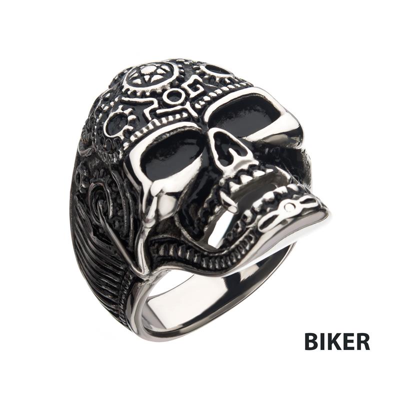 Oxidized Steel Vampire Skull Ring