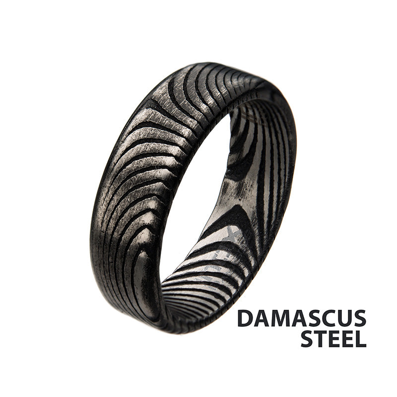 7mm Matte Black IP Damascus Steel Band Ring