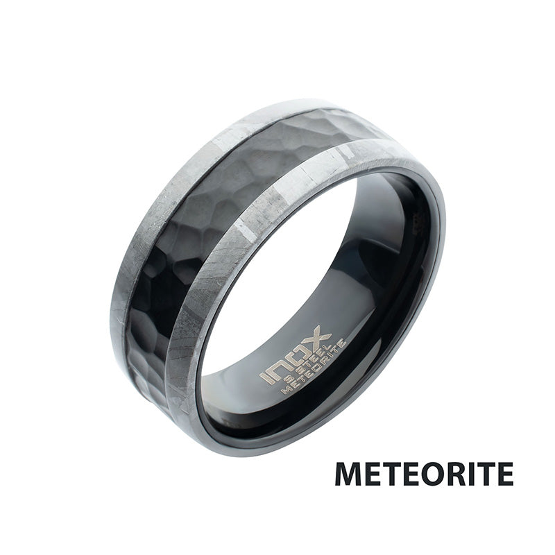 Meteorite Edge Black IP Steel Hammered Ring