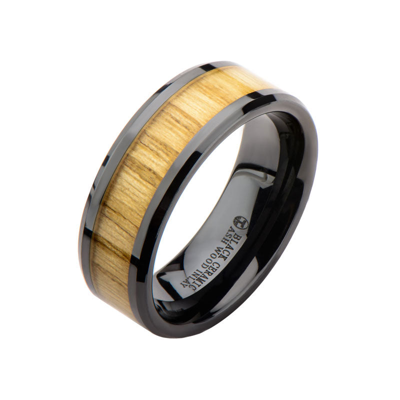 Steel Ash Wood Inlay Beveled Edge in Black Ceramic Band Ring