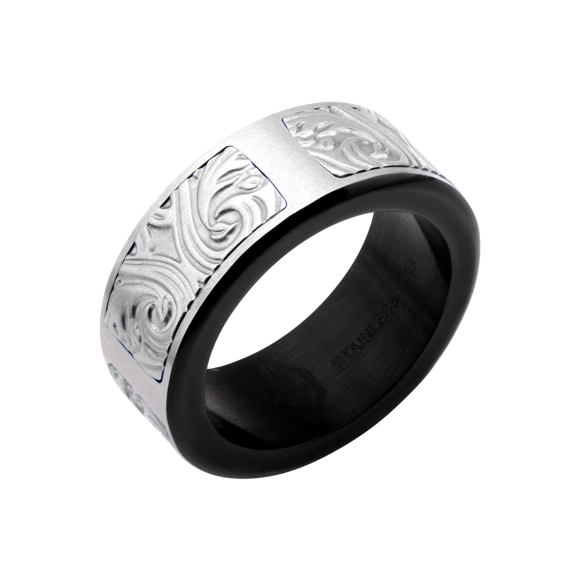 Black IP Steel Scroll Pattern Ring