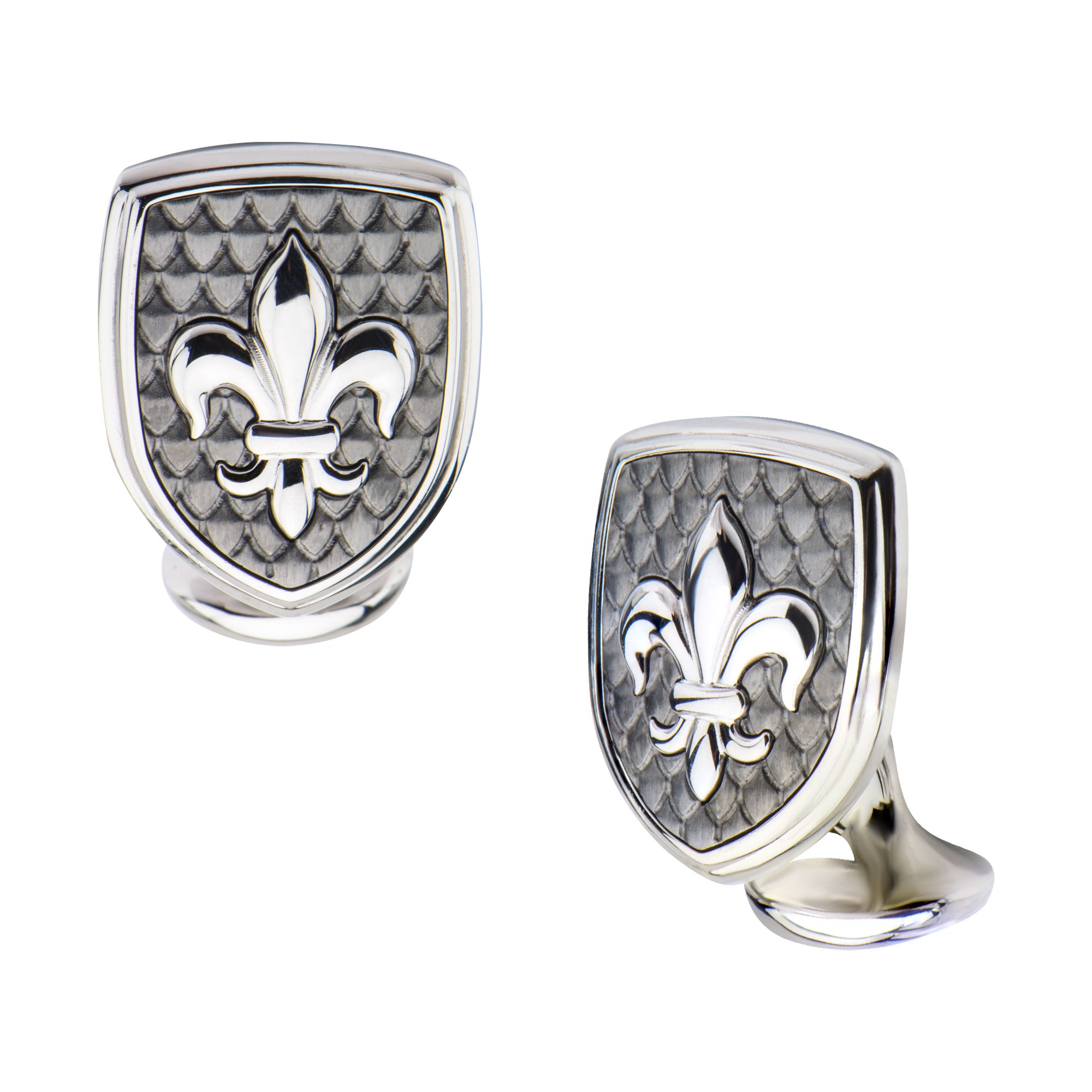 Polished Steel Fleur de Lis Accent on Brushed Gun Metal IP Cufflinks