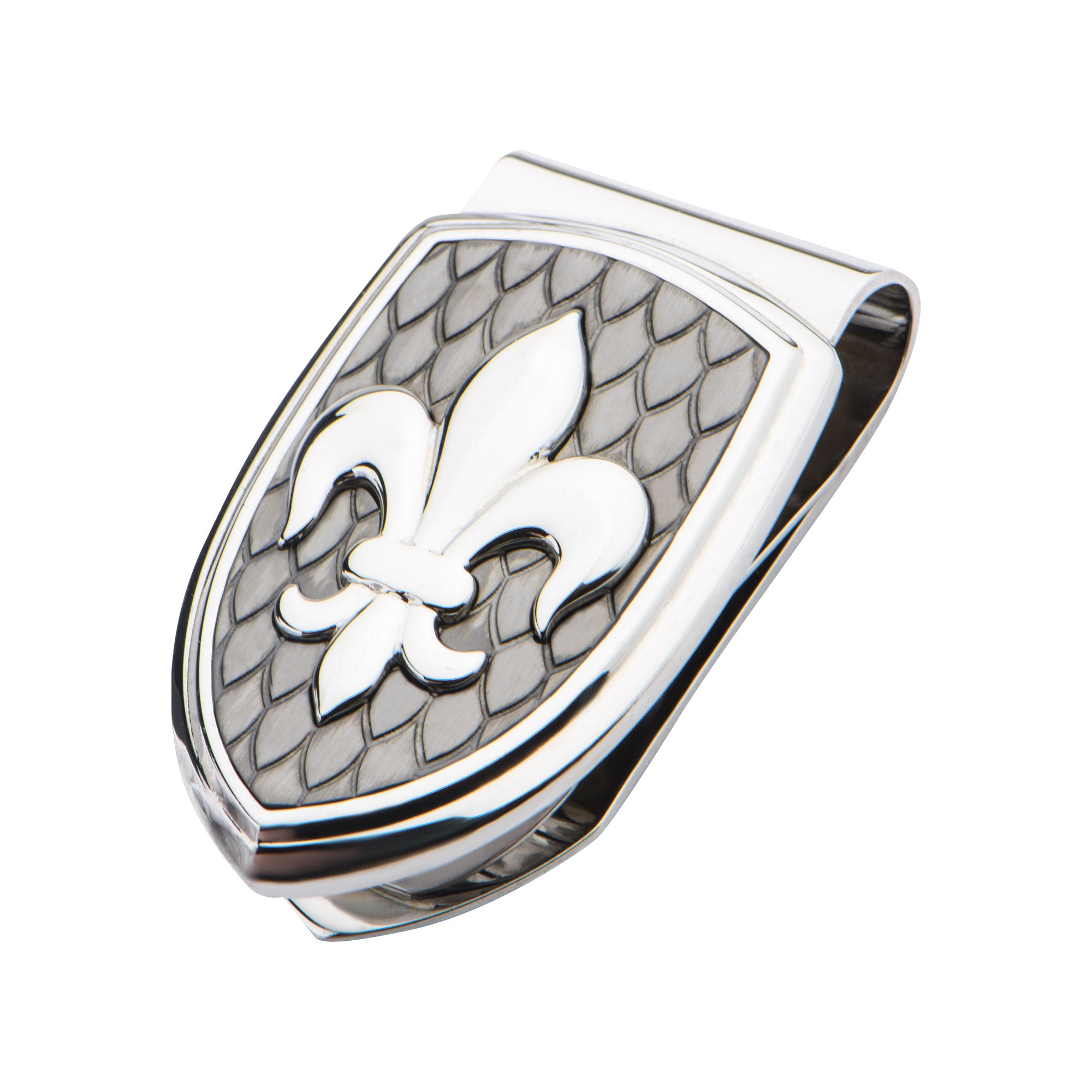 Polished Steel Fleur de Lis Accent on Brushed Gun Metal IP Money Clip
