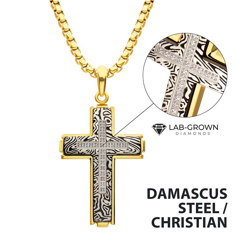 18K Gold IP Steel Lab-Grown Diamond Zebra Cross Pendant