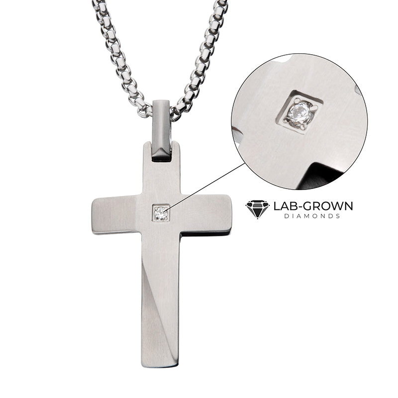 Steel Lab-Grown Diamond Matte Beveled Cross Pendant
