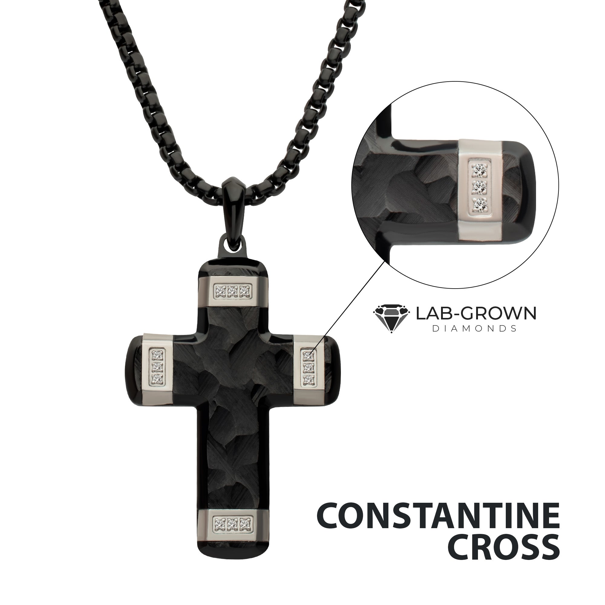 Black IP Carved Steel Small Cross Pendant