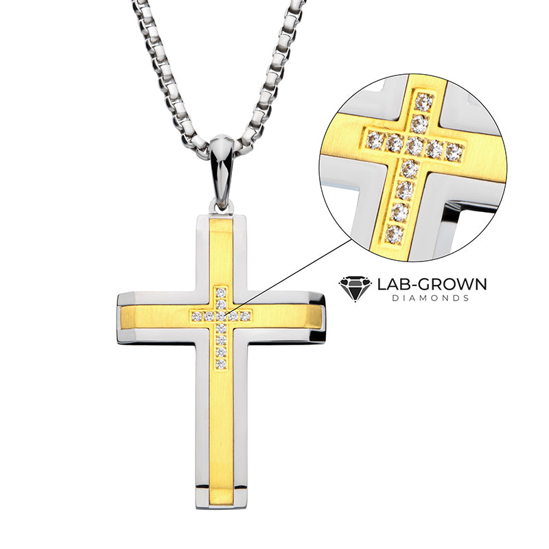 18K Gold IP Steel Lab-Grown Diamond Brushed Cross Pendant