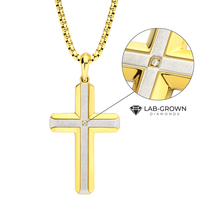 18K Gold IP Steel Lab-Grown Diamond Brushed Cross Pendant
