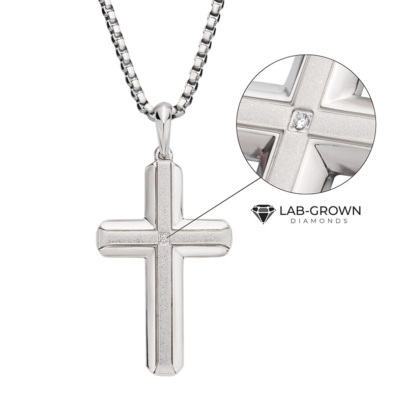 Steel Lab-Grown Diamond Brushed Cross Pendant