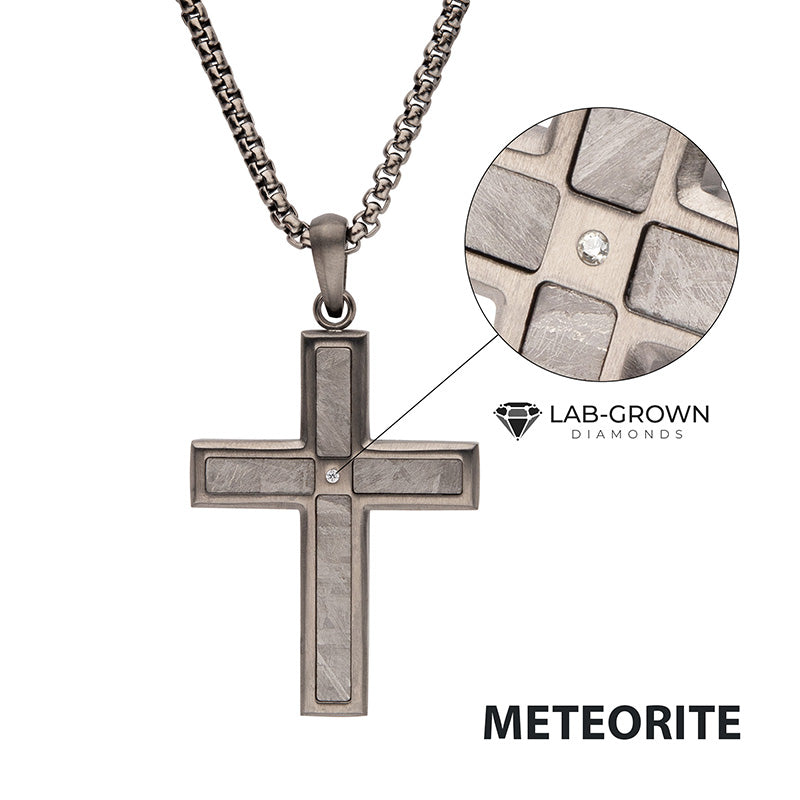 Gun Metal IP Steel Matte Meteorite Inlay Cross Pendant