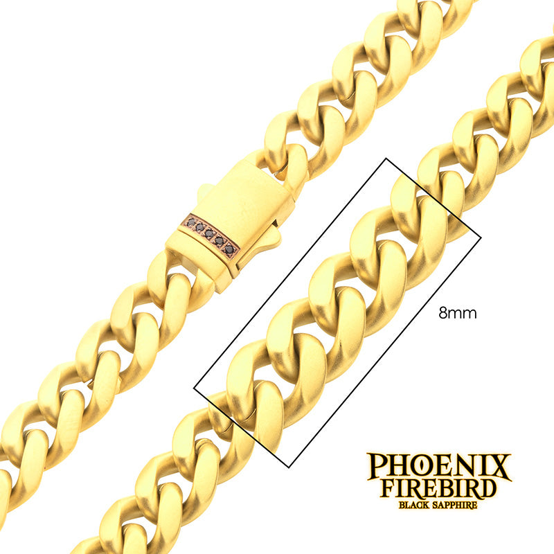8mm 18K Gold IP Steel Matte Miami Cuban Chain Necklace Black Sapphire