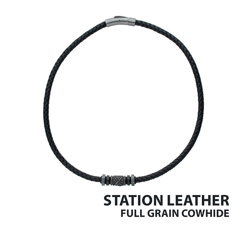 Black Cowhide Leather Braided Necklace