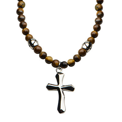 Tiger Eye Beads Cross Pendant Necklace