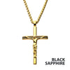 18K Gold IP Steel Black Sapphire Gem Jesus Christ Crucifix Cross Pendant