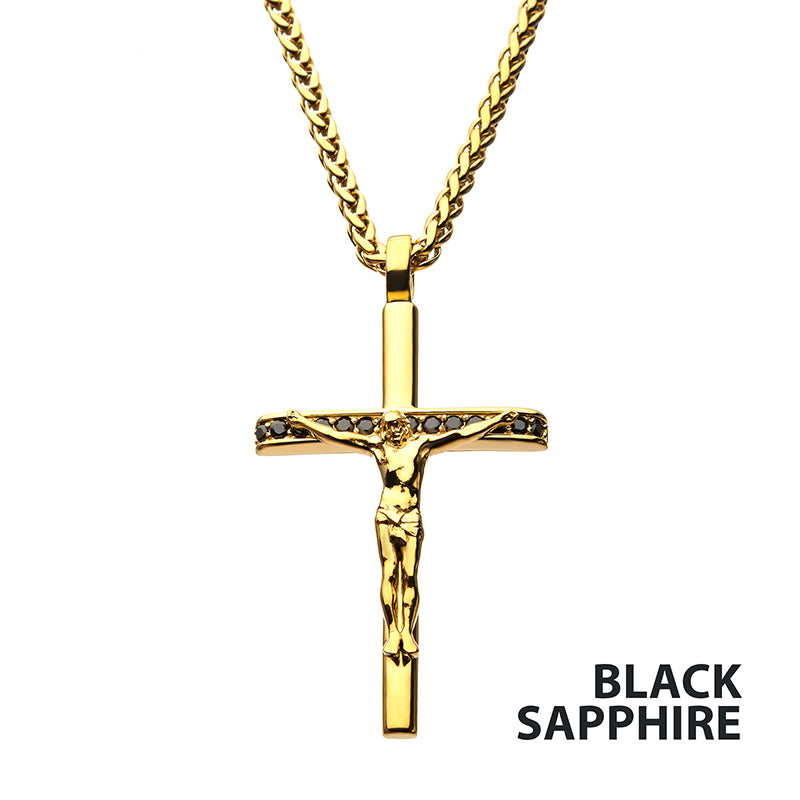 18K Gold IP Steel Black Sapphire Gem Jesus Christ Crucifix Cross Pendant