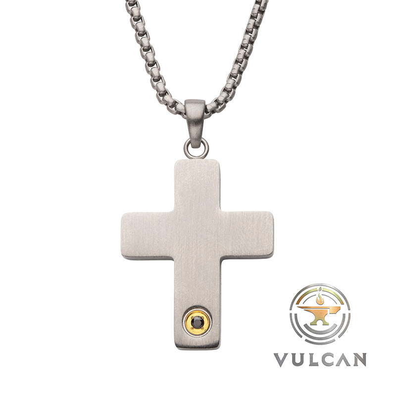1.6mm Black Sapphire Gem on Matte Steel Engravable Compact Cross Vulcan Pendant