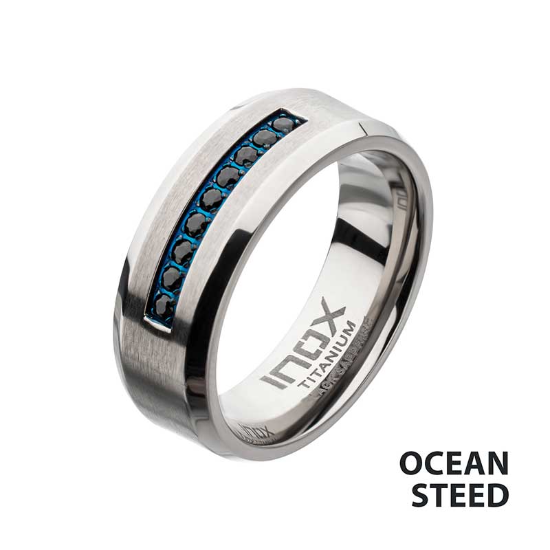 OCEANSTEED- 8mm Blue IP Titanium Inlay Comfort Fit Ring